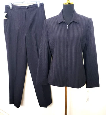 Nuevo Traje Pantalón Larry Levine Para Mujer Cremallera Rayas Negro 2 Piezas Talla 12 $215 Foto 1 de 4