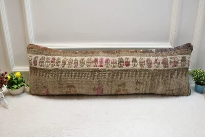 Vintage Turkish Rug Pillow, 12x36 inc Long Lumbar Pillow Case, Organic Wool - Image 1 of 4
