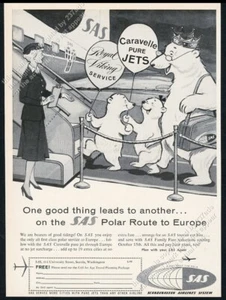 1959 polar bear family stewardess art SAS Scandinavian Airlines vintage print ad - Picture 1 of 7