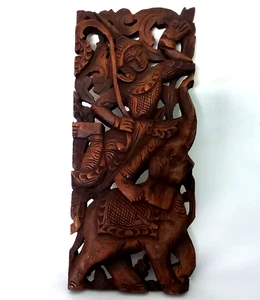Hand Carved Vintage Asian Wall Art Warrior Riding Elephant Solid Wood Panel 44cm - Picture 1 of 20