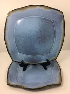 Mottled BLUE & BROWN Ceramic Pottery SQUARE DINNER PLATES Ruffled Edge SET OF 2 - Picture 1 of 7