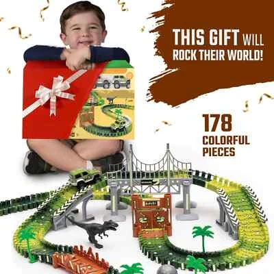 Dinosaur Race Car Track STEM Set Kids Toy Gift Glow In The Dark 100 Track Pieces - Image 1 of 4