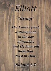 Tarjeta de significado de nombre de recuerdo ""Fuerte"" de Elliott con versículo de la Biblia - Imagen 1 de 1