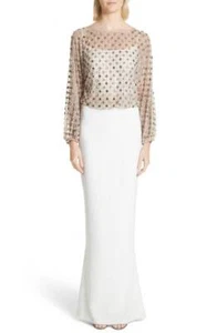 RACHEL GILBERT Marfil Blanco Desnudo Nora Cuentas Blusa Columna Crepé Falda Vestido 6 EE. UU. - Imagen 1 de 12