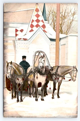 C1915 Aristocrático Yemshik y Troika Trineo de Caballos Escena de Invierno Rusa Postal Foto 1 de 4