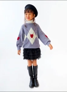 Zara Kids Girls Diamond Argyle Sweater Size 7 Light Blue/ Red - Picture 1 of 5