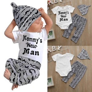 Neugeborenes Baby Junge Strampler Kleidung Druck Tops Overall lange Hose Mütze Outfit Set - Bild 1 von 8