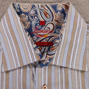 Luchiano Visconti Shirt Mens Large Blue Beige Striped Cotton Button Up Paisley *