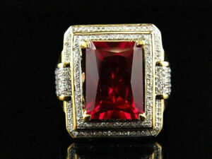 4Ct Emerald Cut Lab Created Red Ruby Men's Halo Ring In 14K Yellow Gold Plated