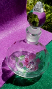 Signed Bulbous Perfume Bottle w/ Glass Stopper Handpainted Flowers Purple Green - Picture 1 of 4