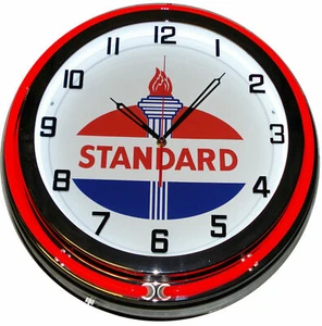 19" Standard Oil Gas Vintage Logo Double Neon Clock Red Neon Chrome Finish - Picture 1 of 1