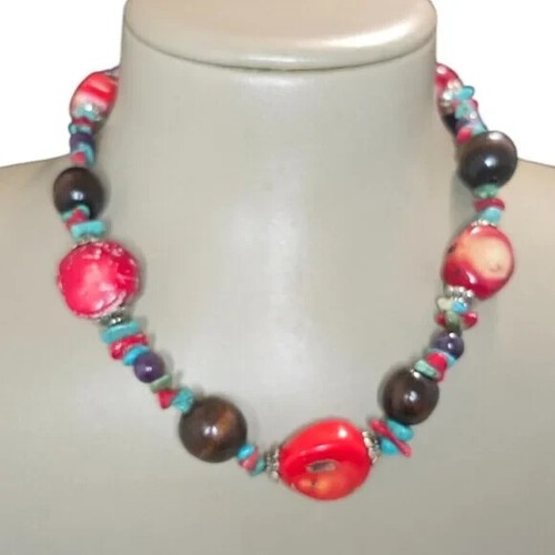 VETEMENTS Collana donna dichiarazione multicolore turchese marrone placcato argento nuova con etichetta