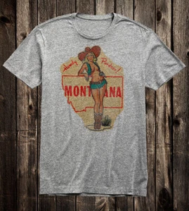 Retro Travel Tee T Shirt Vtg Cowgirl Art Tourist Montana State Pin Up Girl - Picture 1 of 7