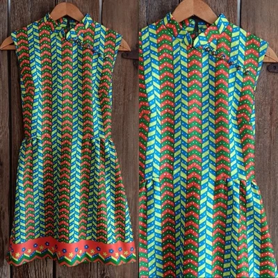 VTG 70s Handmade Colorful Geometric Flowers Striped Sleeveless Dress Womens *A - Image 1 of 4