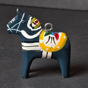Mini Swedish Dala Horse Ornament Blue Hand Painted Wooden Folk Art Sweden 2" - Picture 1 of 7