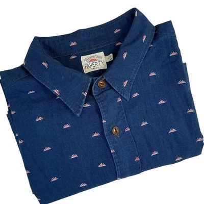 Faherty Shirt Men M Navy Blue Short Sleeve Button Down Sunburst All Over Cottton - Image 1 of 4