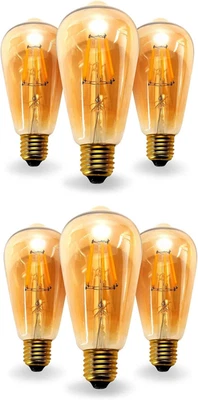6 Pack Amber DC 12 Volt Light Bulb ST64 Soft White 2700K 6W LED Edison E26 Stand - Image 1 of 4