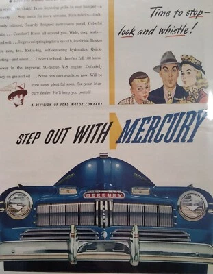 Anúncio com estampa de mercúrio original vintage década de 1940 oito grades frontais azuis apito StepOut  - Imagem 1 de 4