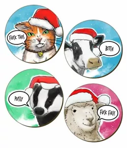 Cute But Really Abusive Christmas 4 Piece Coaster Set, Cat, Cow, Sheep, Badger - Picture 1 of 4