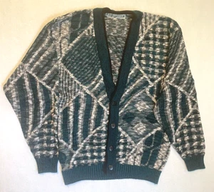 American Crusader Geometric Grandpa Cardigan Sweater Green Black White Mens Lg - Picture 1 of 5