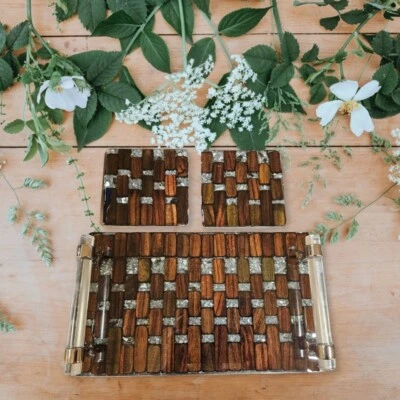 Geometric Teak Wood and Resin epoxied serving Tray with handles, Resin Art - Image 1 of 4