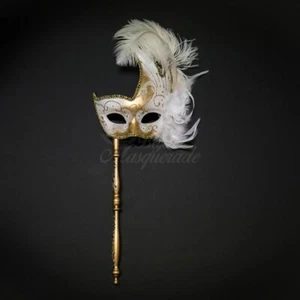 Holding Stick Party Mask | Feather Masquerade Mask White Gold - Picture 1 of 5