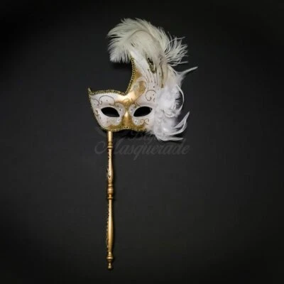 Holding Stick Party Mask | Feather Masquerade Mask White Gold - Image 1 of 4