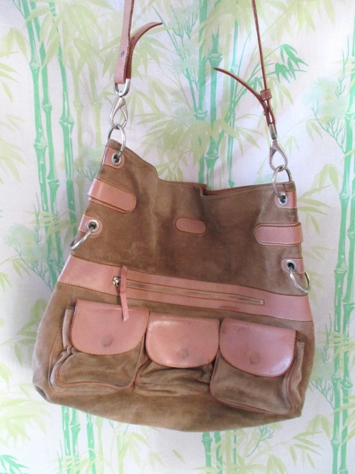 Ghurka Nessa recent beige tan suede leather slouchy crossbody bag 17 in - Image 1 of 4