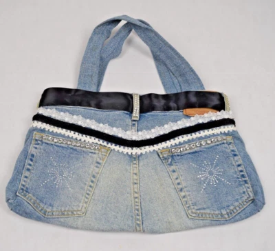 Vintage Levis Handmade Purse 80s Denim Art Piece White Floral Applique Bedazzled - Image 1 of 4