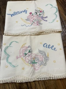 Funny Vintage Pillowcases Pair Embroidered Cats "Willing" "Able" Crocheted Edge - Picture 1 of 10