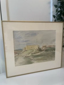 Vintage Watercolour Manorbier Castle Painting Framed Landscape Pembrokeshire - Picture 1 of 4