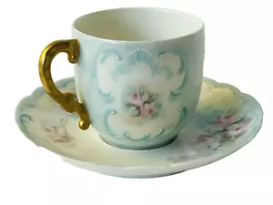 Ant Theo Haviland Hand Painted Pink Rose Gold Gilt Cup & Saucer Limoges France - Picture 1 of 13