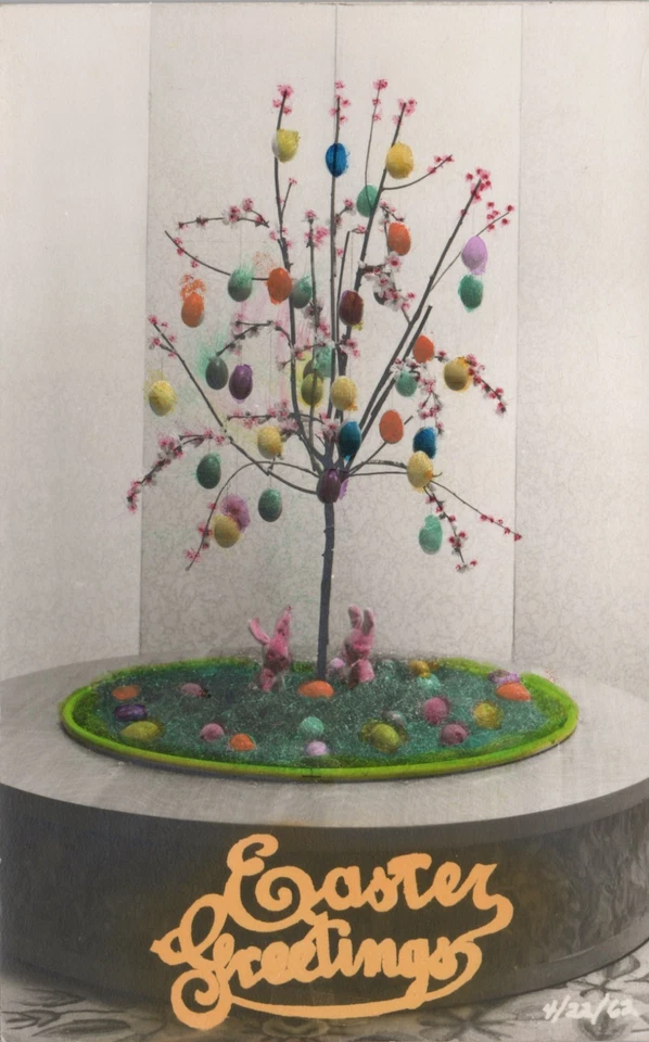 Easter Greetings Hand Colored RPPC Postcard Egg Tree Rabbits Bunny - Image 1 of 2