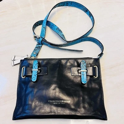 Bolso Bandolera Vintage Francesco Biasia Cuero Negro Correa Pitón Azul Y2K Italia Foto 1 de 4