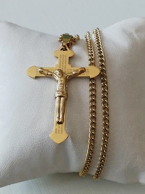 Titanium Jesus Cross Stainless Steel Gold Tone Pendant And Chain New.  - Image 1 of 4