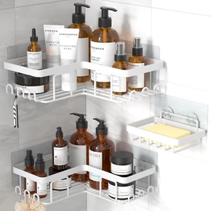 Corner Adhesive Shower Caddy, with Soap Holder and 12 Hooks, Rustproof Stainless - Picture 1 of 12