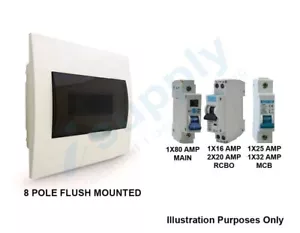 COMPLETE 8 WAY POLE FLUSH DISTRIBUTION BOARD SWITCHBOARD SAFETY SWITCH RCD MA... - Picture 1 of 7