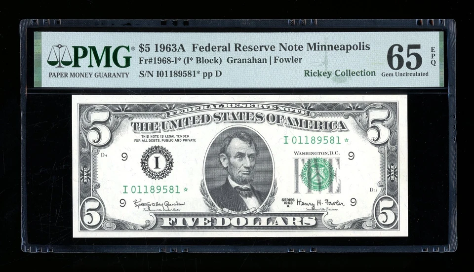 DBR 1963-A $5 FRN Minneapolis STAR Gem Fr. 1968-I* PMG 65 EPQ Serial I01189581* - Image 1 of 2