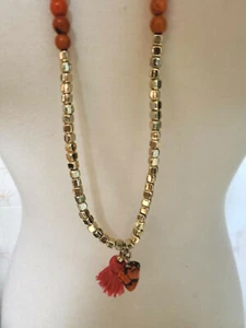 Chico's orange fun necklace gold tone metal & orange wood beads & gemstones 36" - Picture 1 of 11