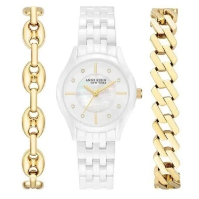 Reloj Anne Klein Damas Cerámica Blanca con 2 Pulseras Tono Dorado SS 12/7740WTST Foto 1 de 4