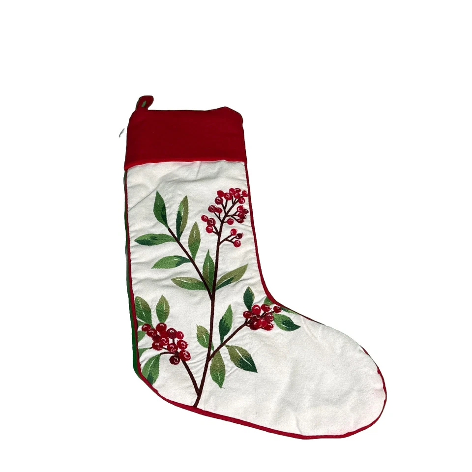 LAUREN RALPH LAUREN Christmas Stocking Holly Berry Leaves Embroidered Designer - Image 1 of 4