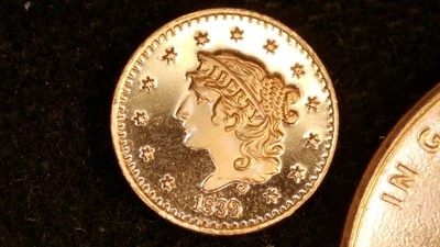 MINIATURE COIN 1839 BRAIDED HAIR ONE CENT PROOF LIKE COPPER - Image 1 of 2