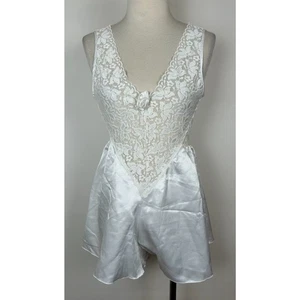 Vintage Spitze Satin weiß Strampler Fee Stretch Medium Dessous Body Teddy - Bild 1 von 4