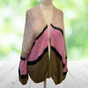 100% Mohair Cardigan Sweater Womens M Oversized Chunky Knit Striped Cozy Soft - Picture 1 of 11