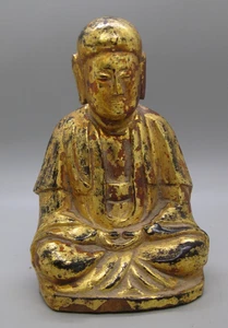 Fine Old Antique Chinese Carved Wood Lacquered Gold Gilded Sitting Buddha Statue - Picture 1 of 9