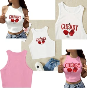 Womens Sleeveless Semi Sheer Cherry Print Crop Top Cropped Tank Top Pack of 3 - Picture 1 of 12