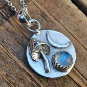 Vintage Rainbow Moonstone, Mushroom & Moon Necklace - Picture 1 of 6
