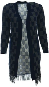 Größe 12 14 blau grau kariert lange Strickjacke offen vorne Quaste Saum - Bild 1 von 1