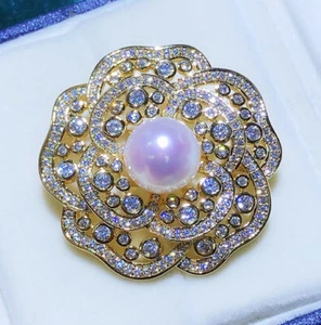 Natural 9-10mm White Pearl Crystal Flower Brooches 18KGP For Women - Picture 1 of 6