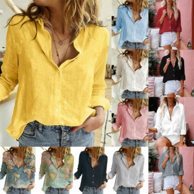 Women Linen Long Sleeve Blouse Ladies Leisure Button Loose Shirt Tops Plus Size⇓ - Image 1 of 4
